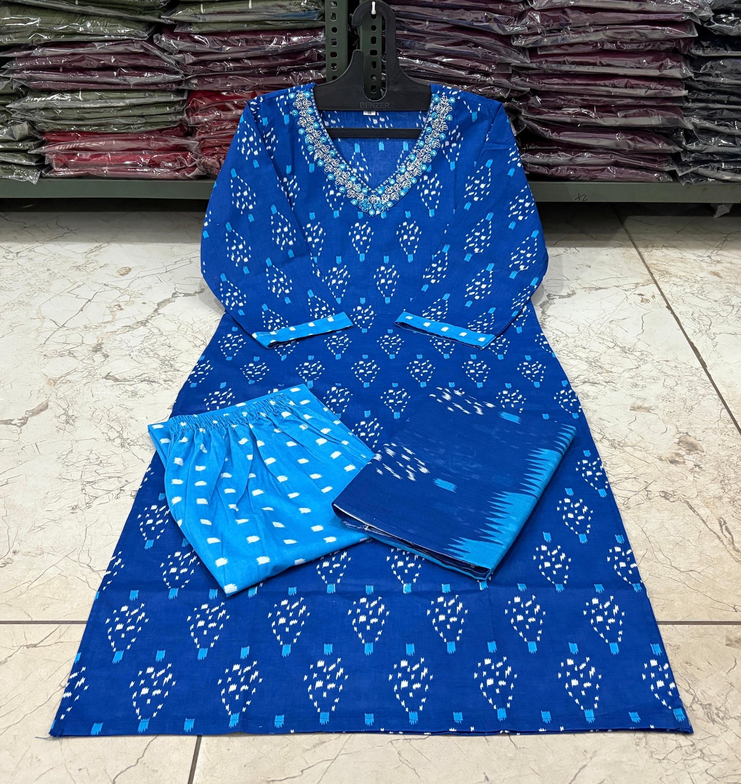 Cotton Printed Suit Set with Embroidered Neckline | 60x60 Cotton