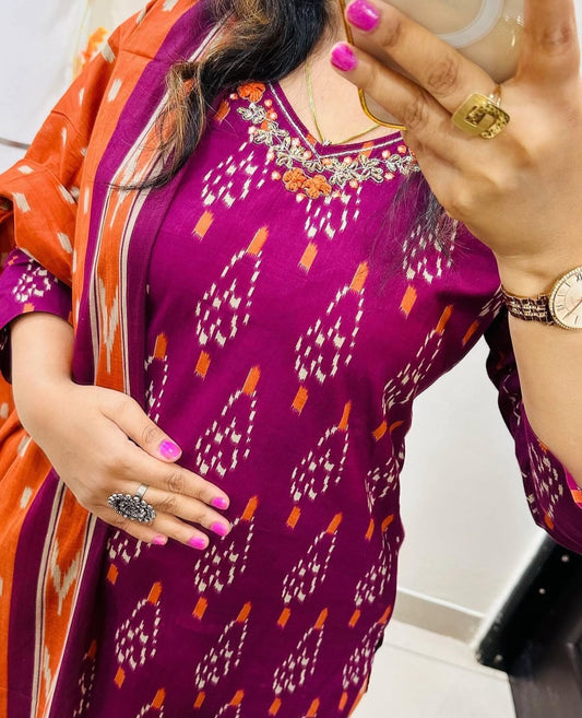 Cotton Printed Suit Set with Pant & Dupatta – Embroidered Neckline