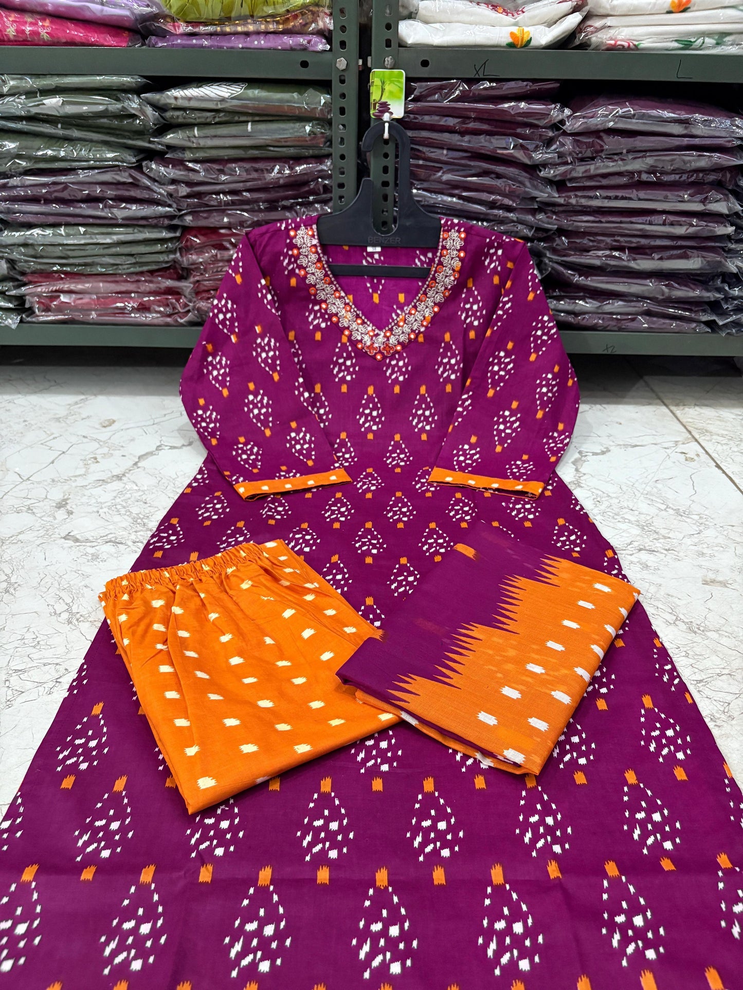 Cotton Printed Suit Set with Pant & Dupatta – Embroidered Neckline