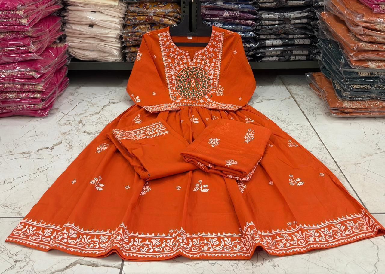 Cotton Rust Color Kurti Suit Set with Printed & Embroidery Work