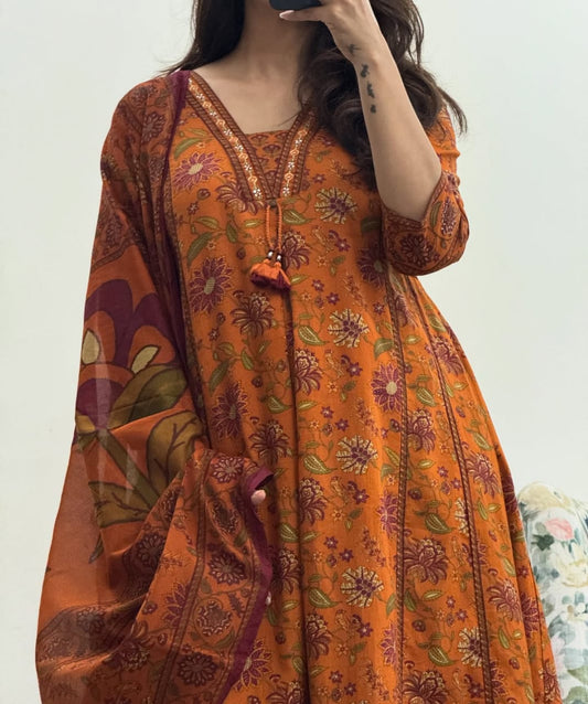 Cotton Sanganeri Print Anarkali Kurta Pant Dupatta Set with Dori Tassel Work