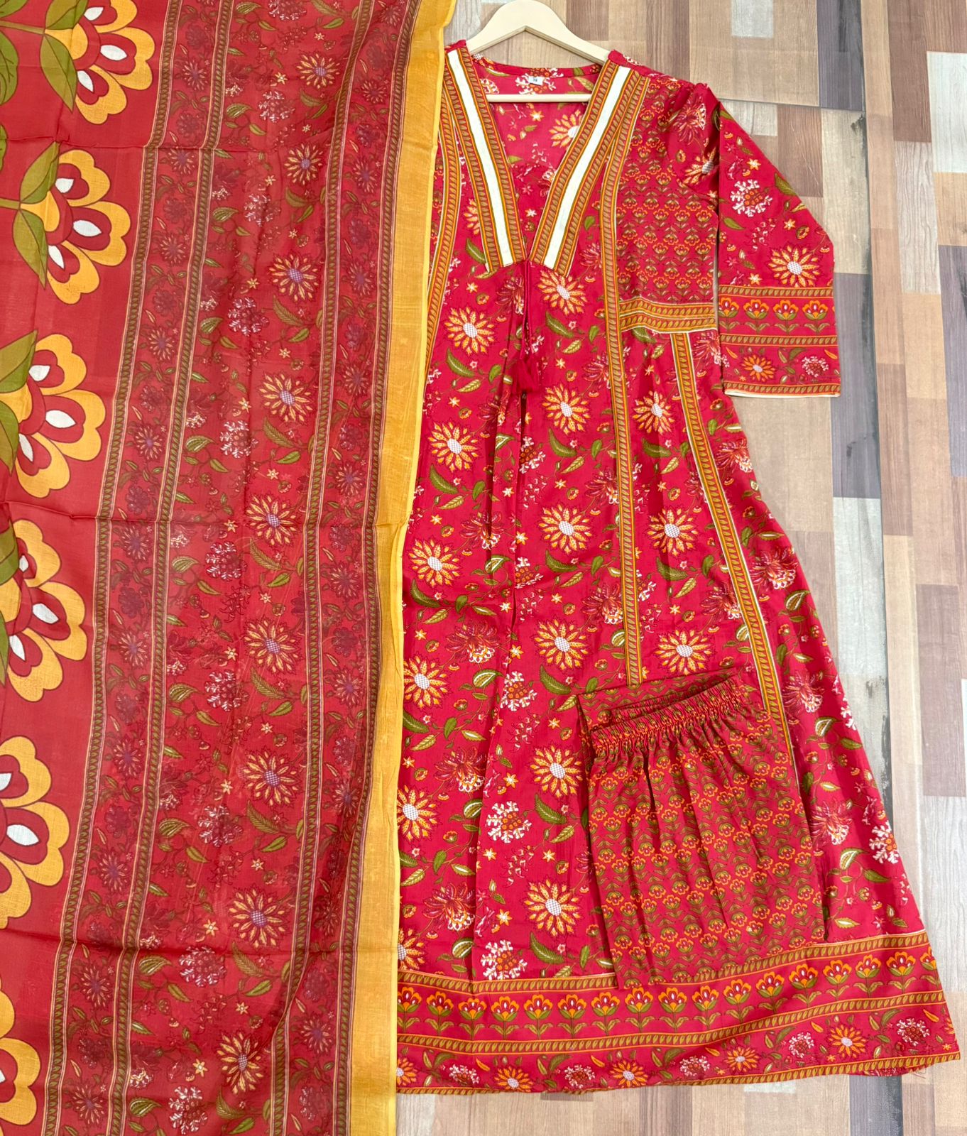Cotton Sanganeri Print Anarkali Kurta Pant Dupatta Set with Dori Tassel Work