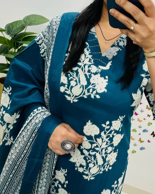 Cotton Sequence Work Kurti with Pant & Cotton Dupatta Set | Fully Stitched