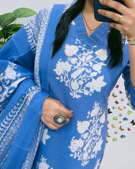 Cotton Sequence Work Kurti with Pant & Cotton Dupatta Set | Fully Stitched