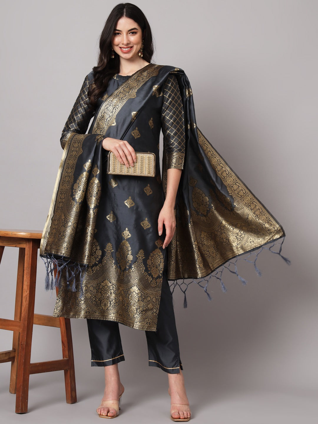 Cotton Silk Kurta Pant Set with Banarasi Silk Dupatta