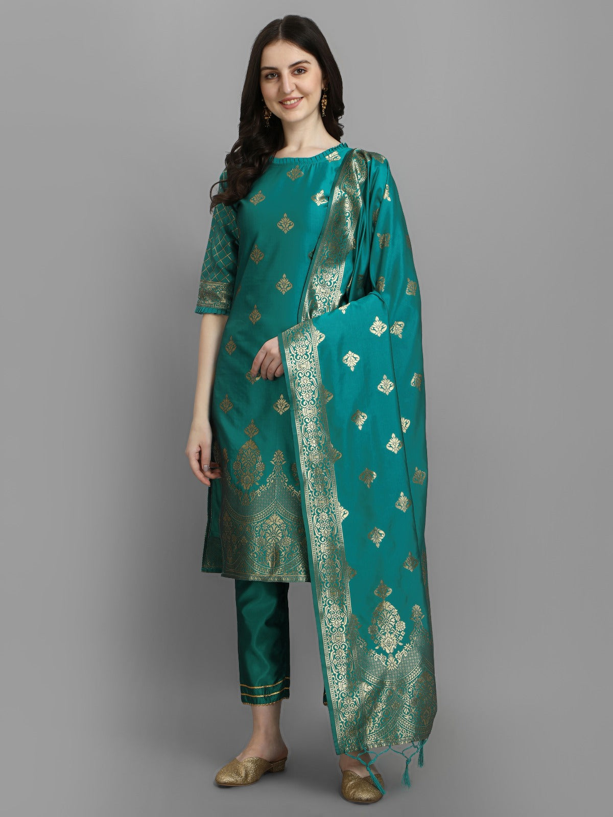 Cotton Silk Kurta Pant Set with Banarasi Silk Dupatta