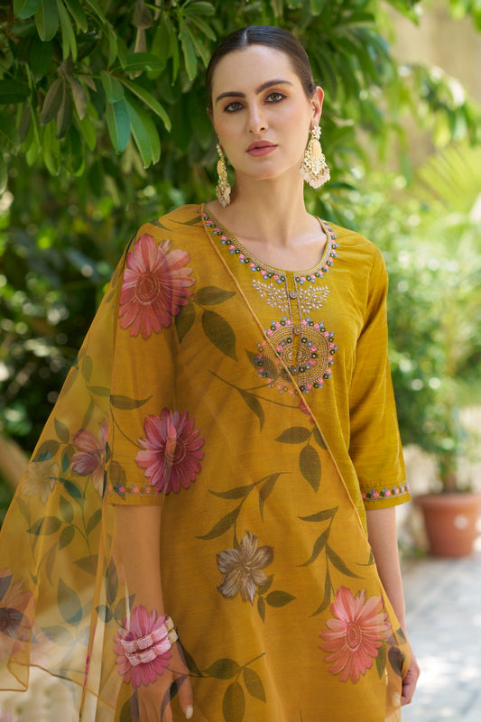 Cotton Silk Kurta Pant Set with Organza Dupatta | 3-Piece