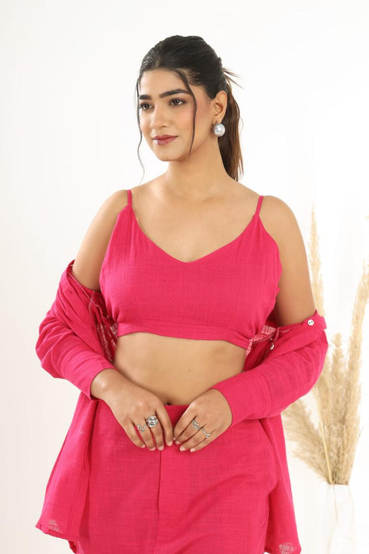 Cotton Slub Co-ord Set – Inner Top, Openable Shirt & Pocket Pant | Dai Fabric Work