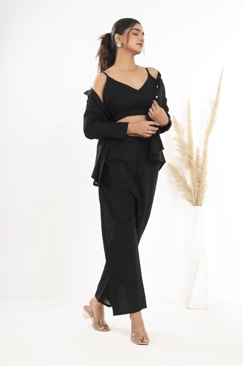 Cotton Slub Co-ord Set – Inner Top, Openable Shirt & Pocket Pant | Dai Fabric Work