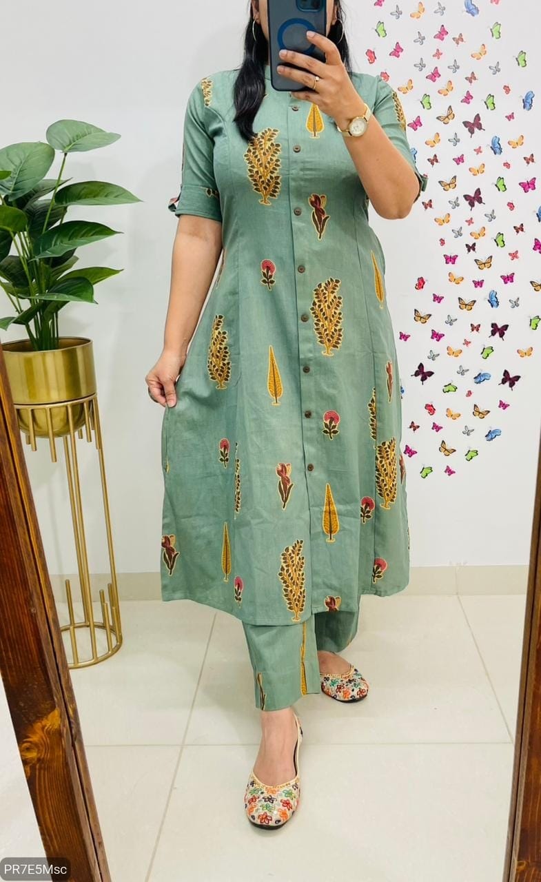 Cotton Slub Digital Print Kurti Co-ord Set with Ankle Pant