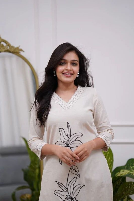 Cotton Slub Embroidered Kurta Pant Set for Women