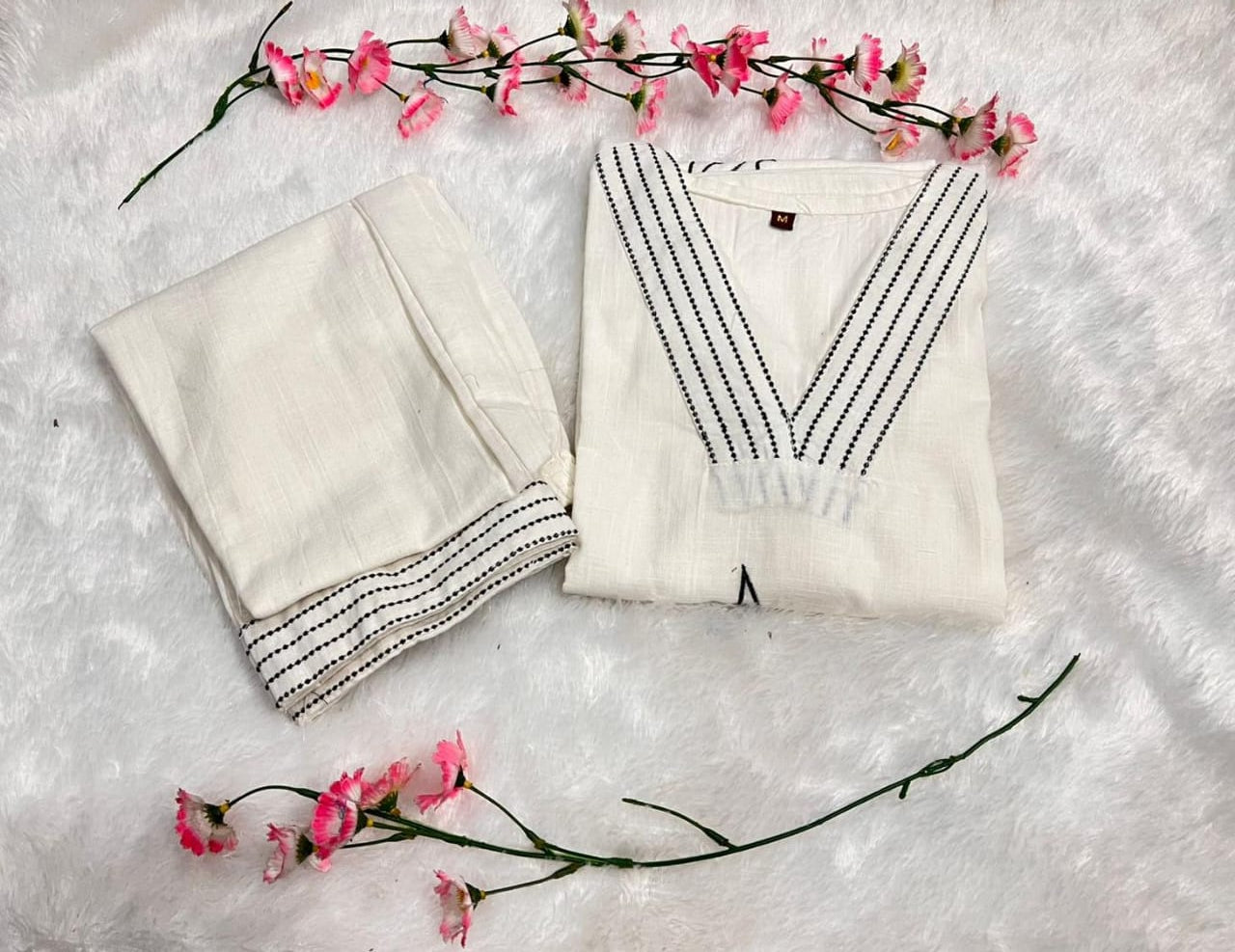 Cotton Slub Embroidered Kurta Pant Set for Women