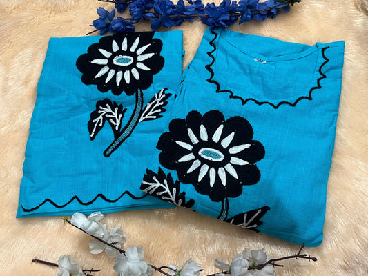 Cotton Slub Embroidered Kurti Pant Cord Set with Adda Beads Work