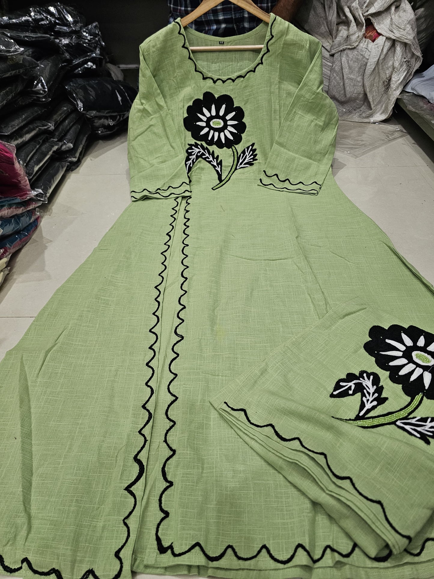 Cotton Slub Embroidered Kurti Pant Cord Set with Adda Beads Work