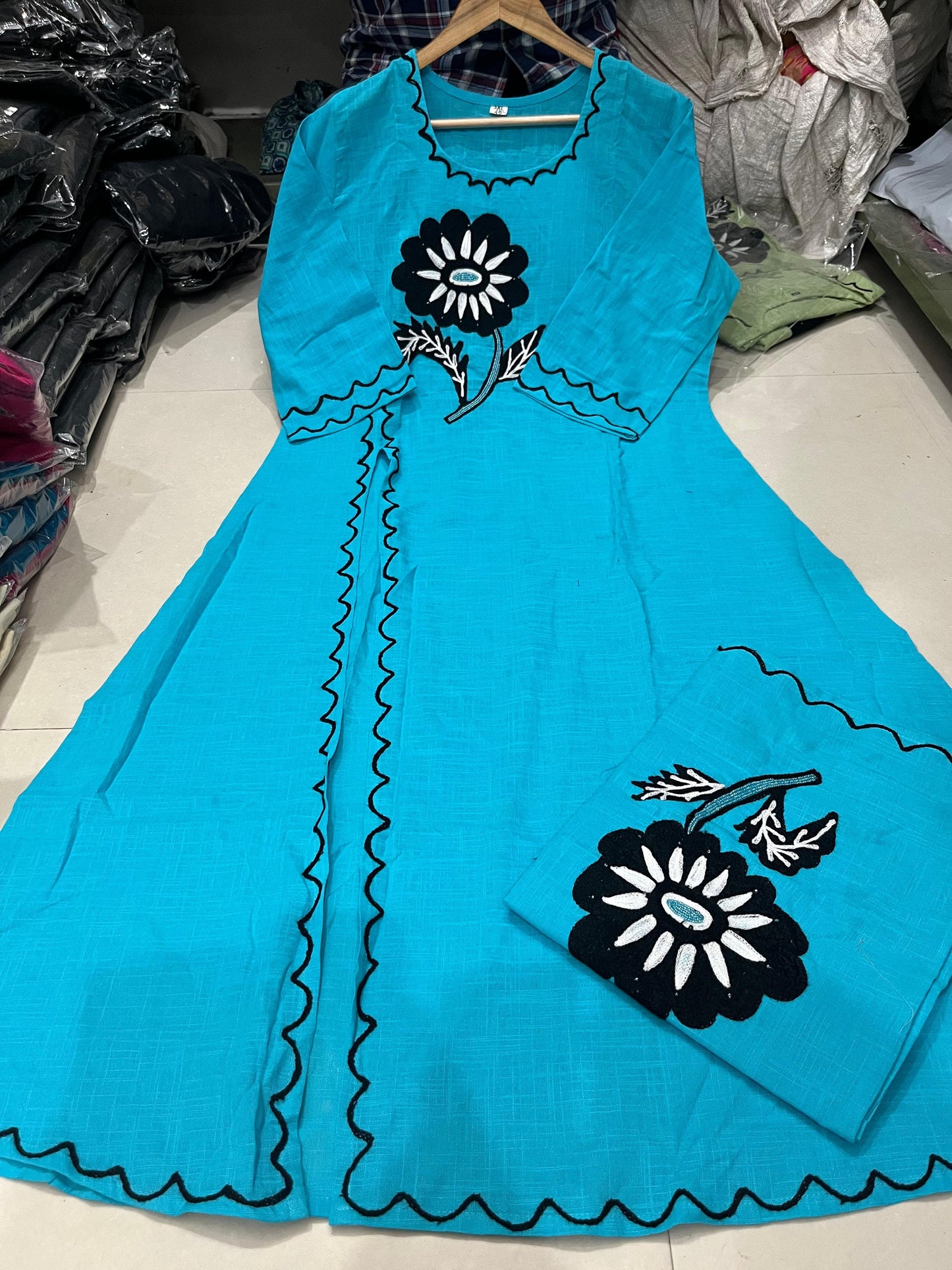 Cotton Slub Embroidered Kurti Pant Cord Set with Adda Beads Work