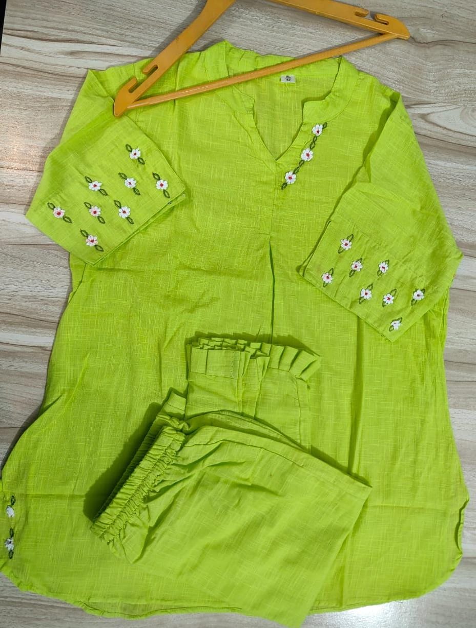 Cotton Slub Embroidered Kurti Pant Cord Set