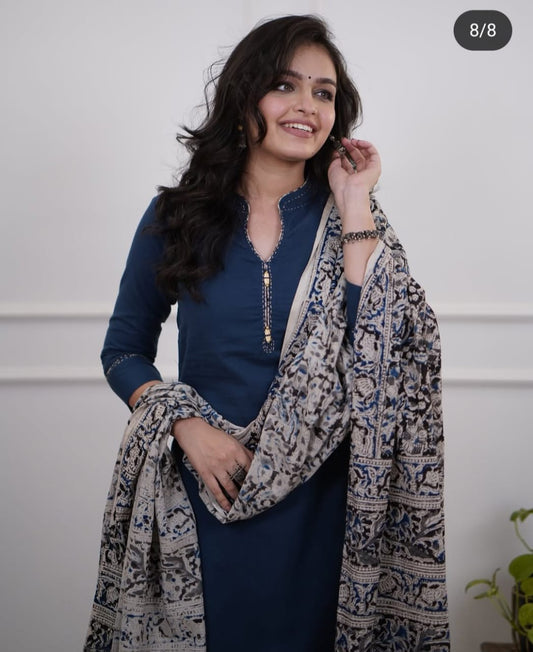 Cotton Slub Kurti Pant Dupatta Set with Katha Thread Work & Chanderi Digital Print Dupatta