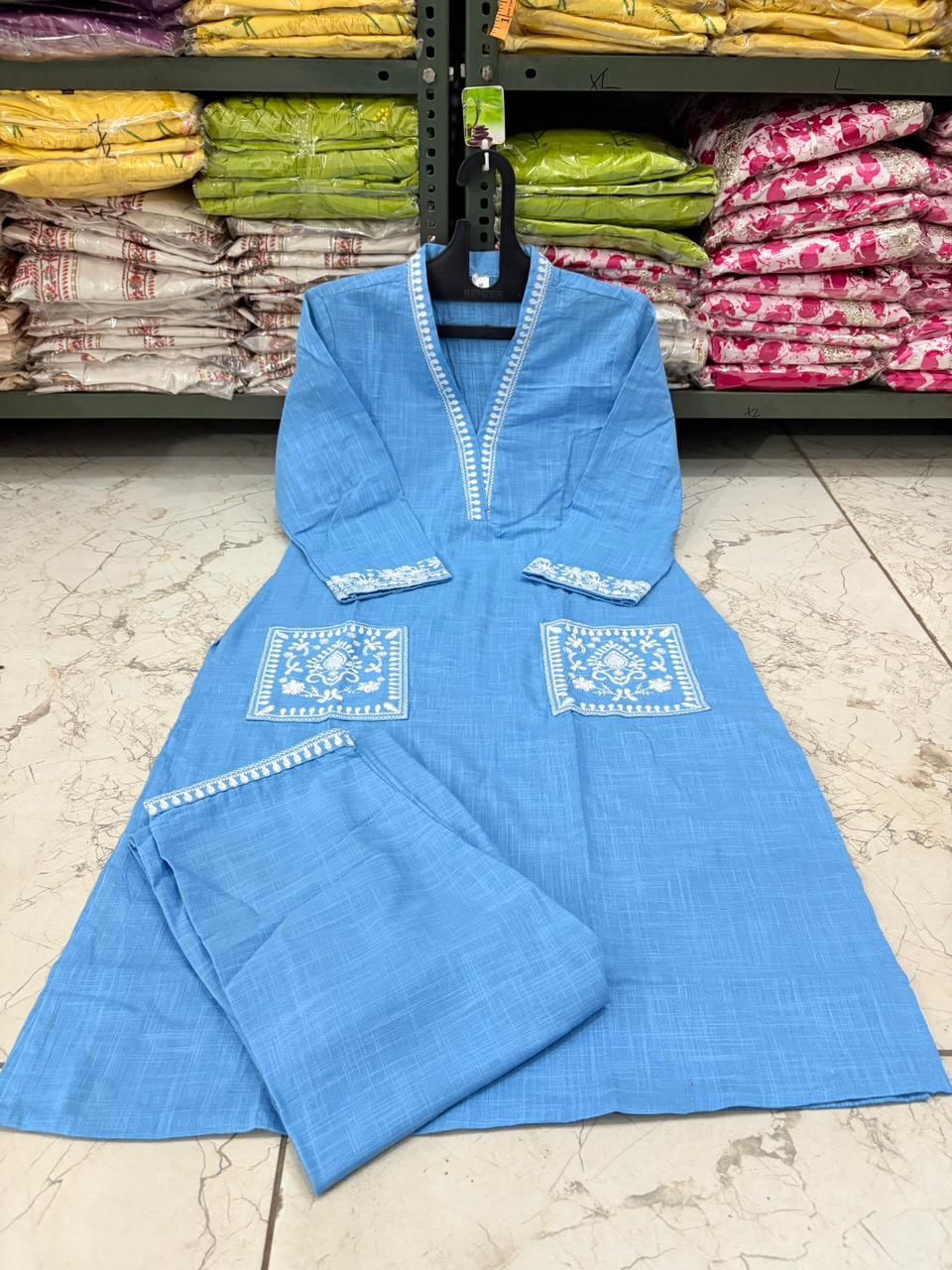 Cotton Slub Kurti Pant Set with Embroidered Pockets