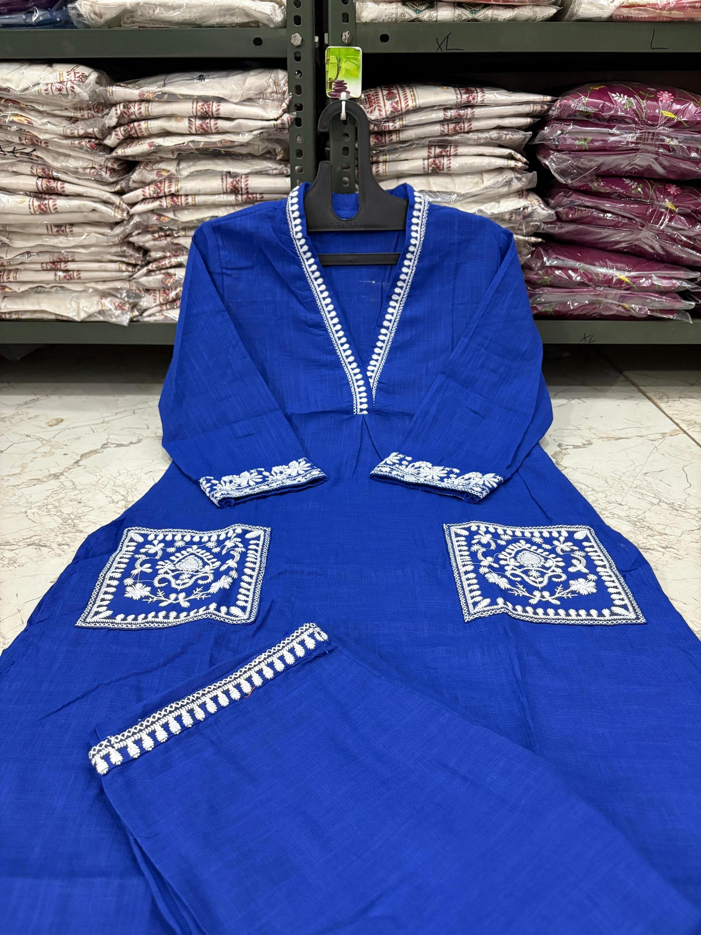 Cotton Slub Kurti Pant Set with Embroidered Pockets