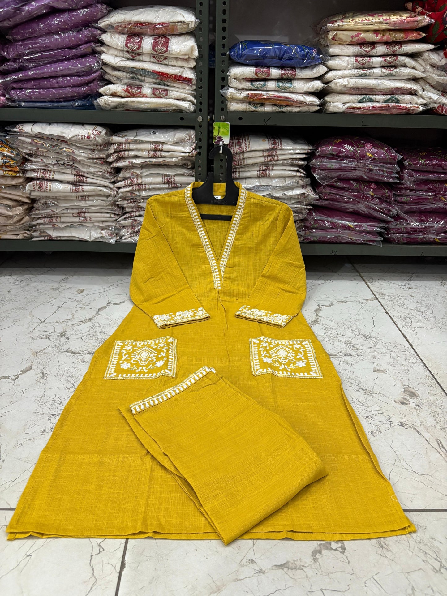 Cotton Slub Kurti Pant Set with Embroidered Pockets