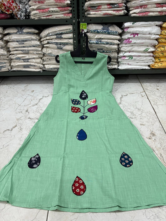 Cotton Slub Patch Work Sleeveless Kurti with Palazzo Set