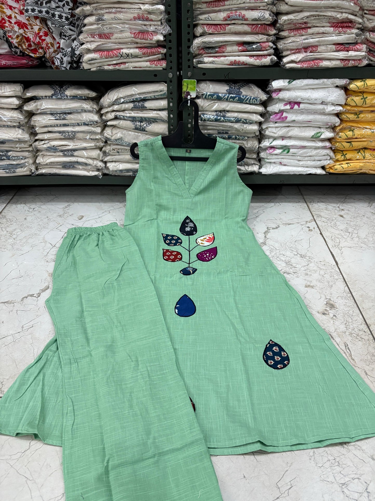 Cotton Slub Patch Work Sleeveless Kurti with Palazzo Set