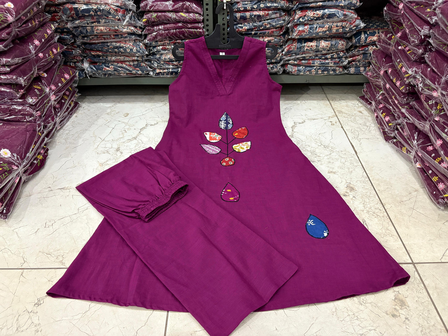 Cotton Slub Patch Work Sleeveless Kurti with Palazzo Set