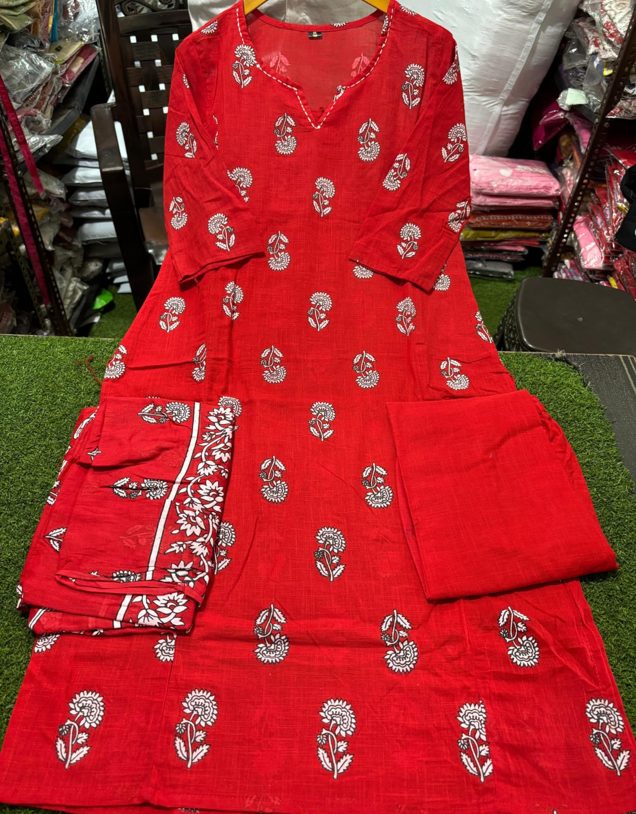 Cotton Slub Printed Kurti Pant Set with Mulmul Printed Dupatta