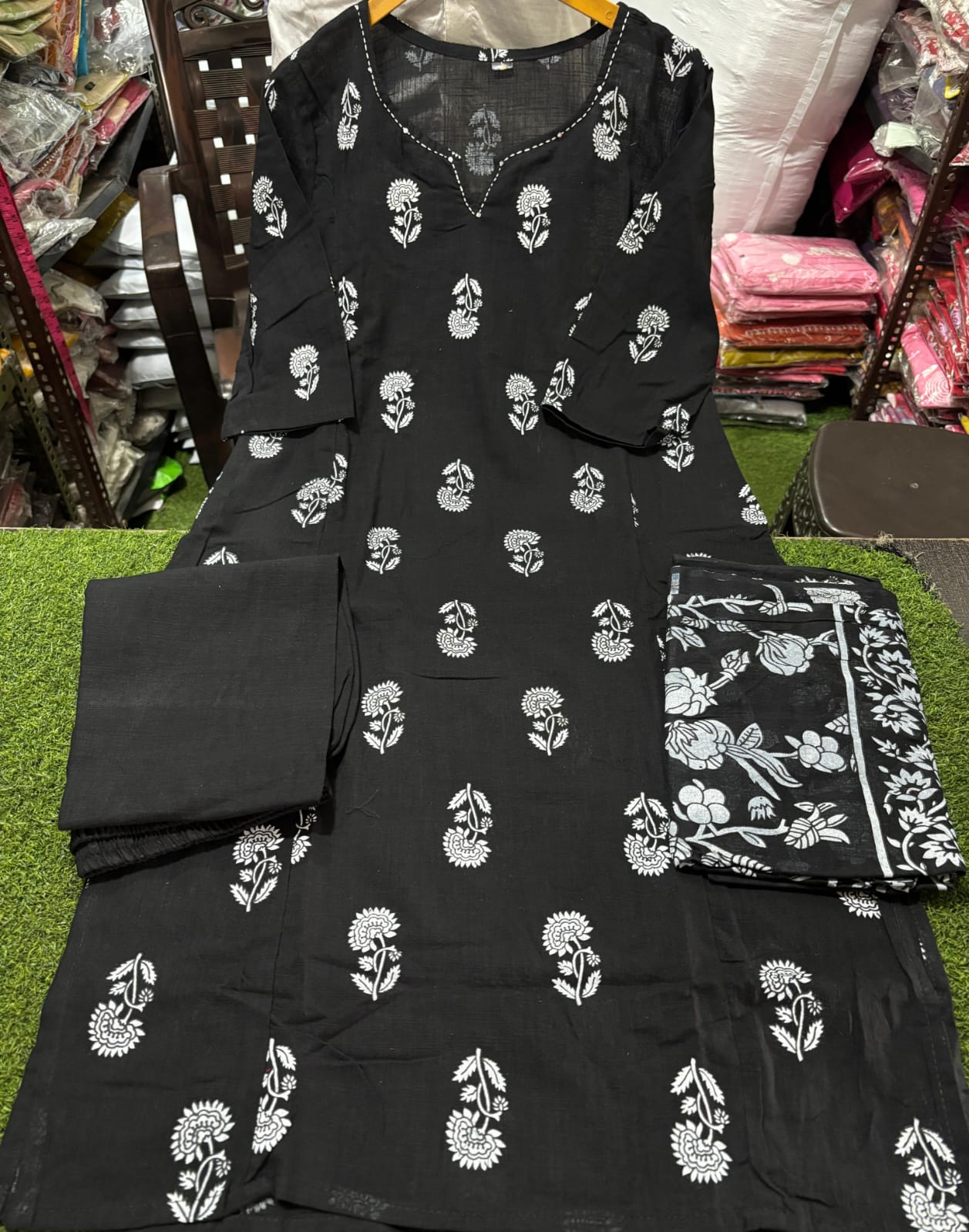 Cotton Slub Printed Kurti Pant Set with Mulmul Printed Dupatta