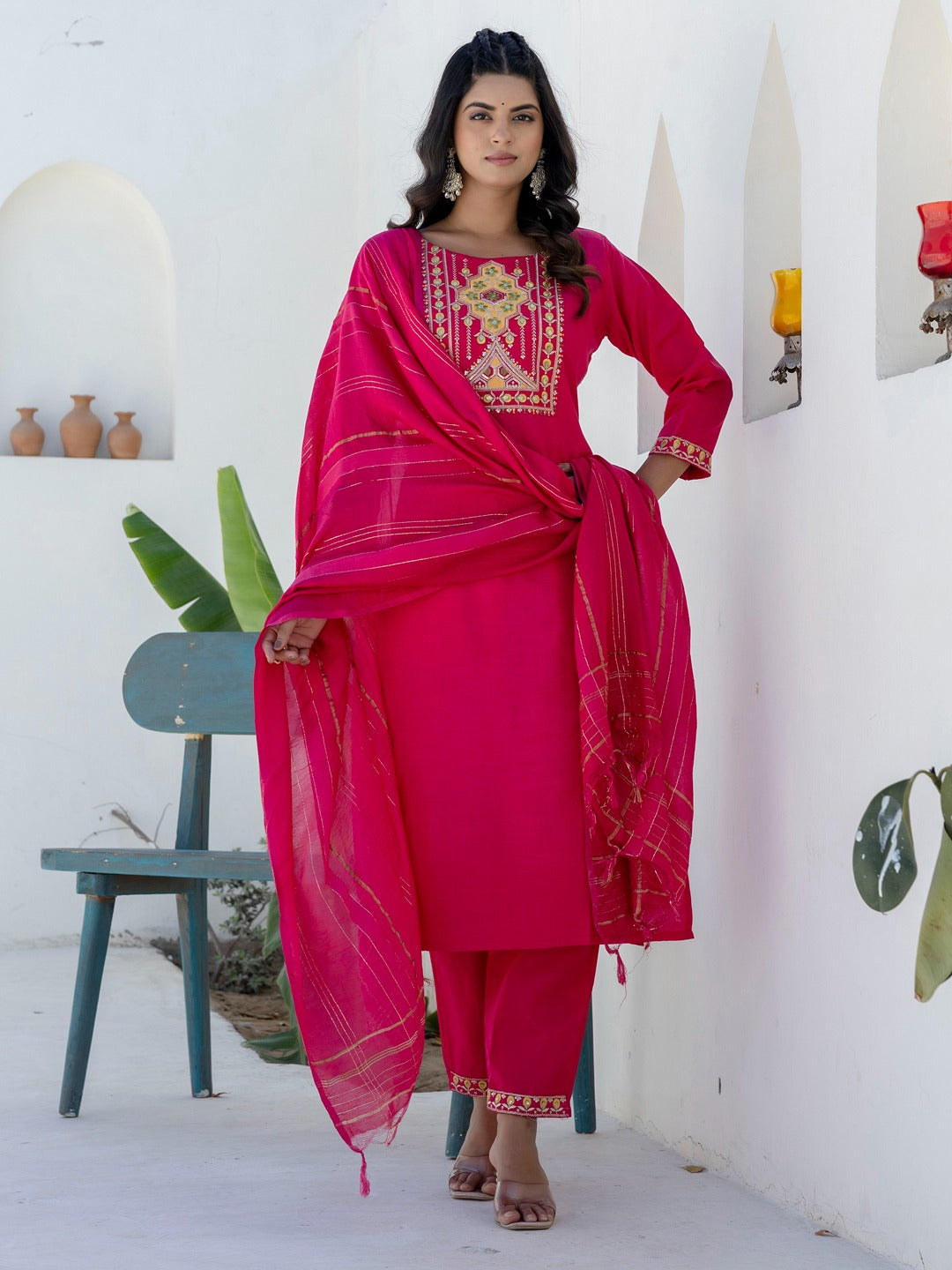 Cotton Straight Kurta Pant Set with Chanderi Dupatta (3 Pc)