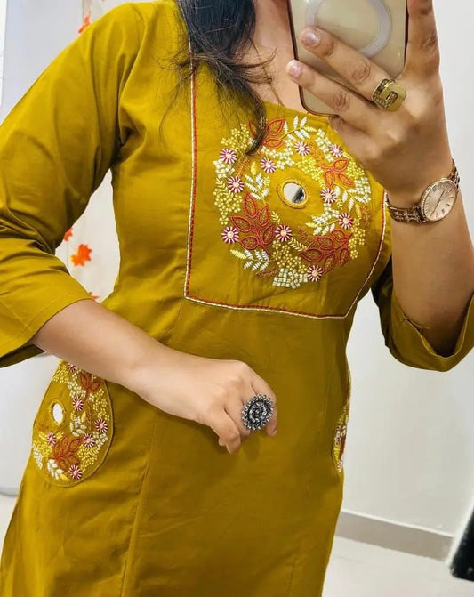 Cotton Straight Kurti Pant Set with Embroidery & Two Side Pockets