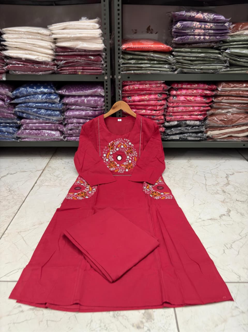 Cotton Straight Kurti Pant Set with Embroidery & Two Side Pockets