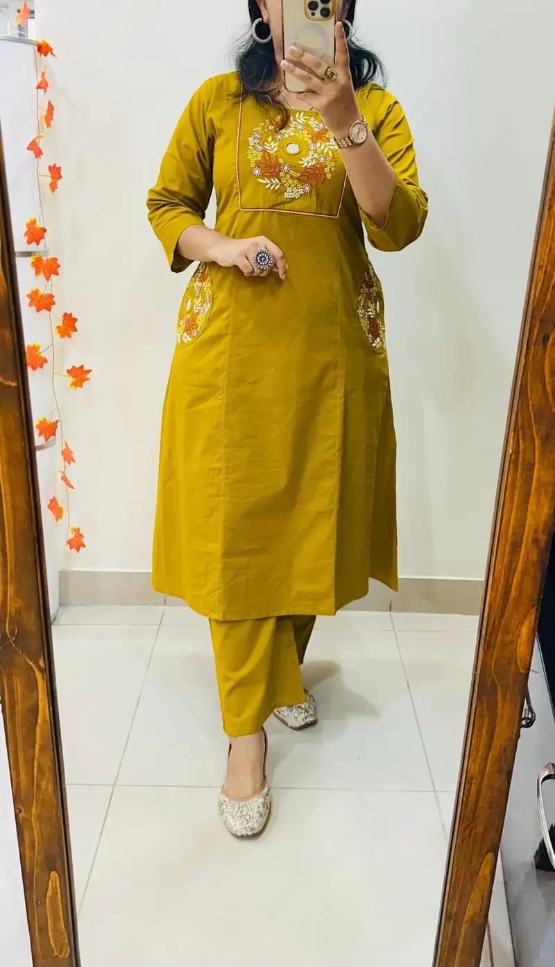 Cotton Straight Kurti Pant Set with Embroidery & Two Side Pockets
