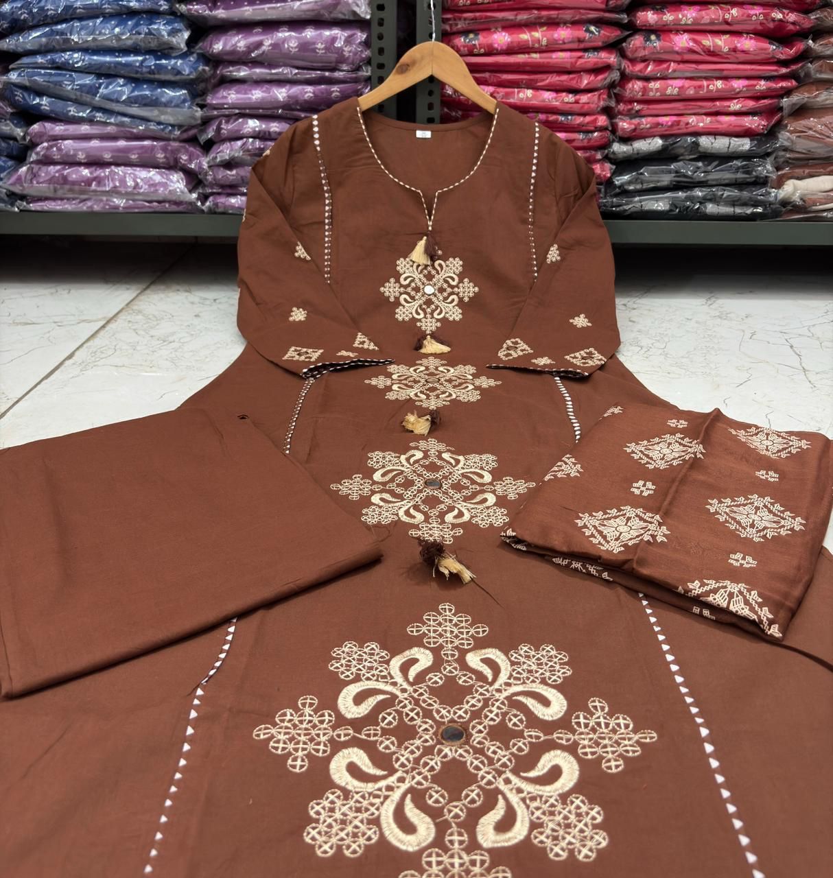 Cotton Straight Kurti Set with Embroidery & Printed Dupatta
