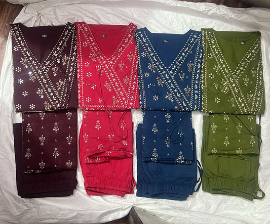 Cotton Suit Set with Katha & Mirror Work Kurti and Pant Dupatta Set