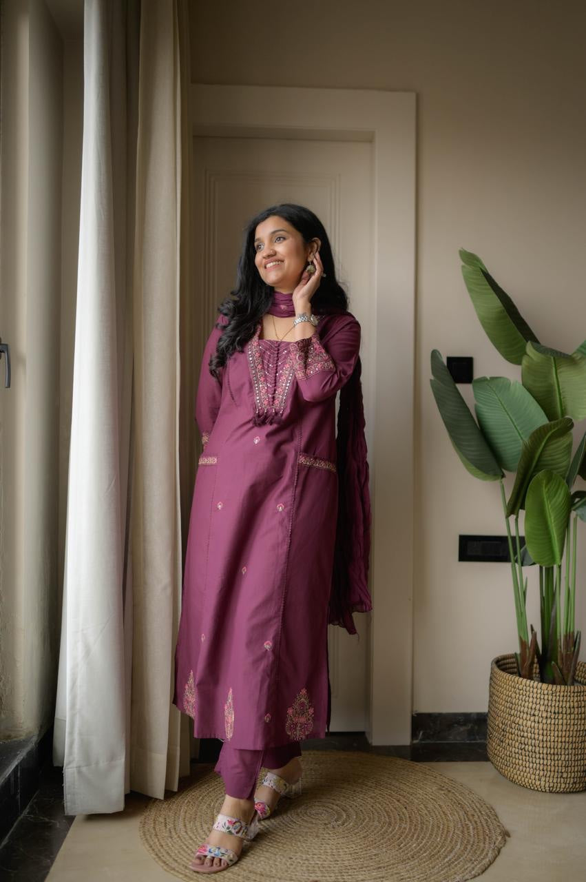 Cotton Suit Set with Thread Work Kurta, Pant & Dupatta