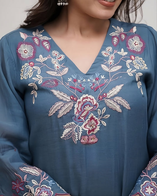 Cotton Thread Embroidered Straight Kurti Pant Set with Malmal Dupatta