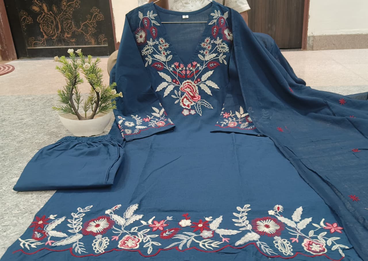 Cotton Thread Embroidered Straight Kurti Pant Set with Malmal Dupatta
