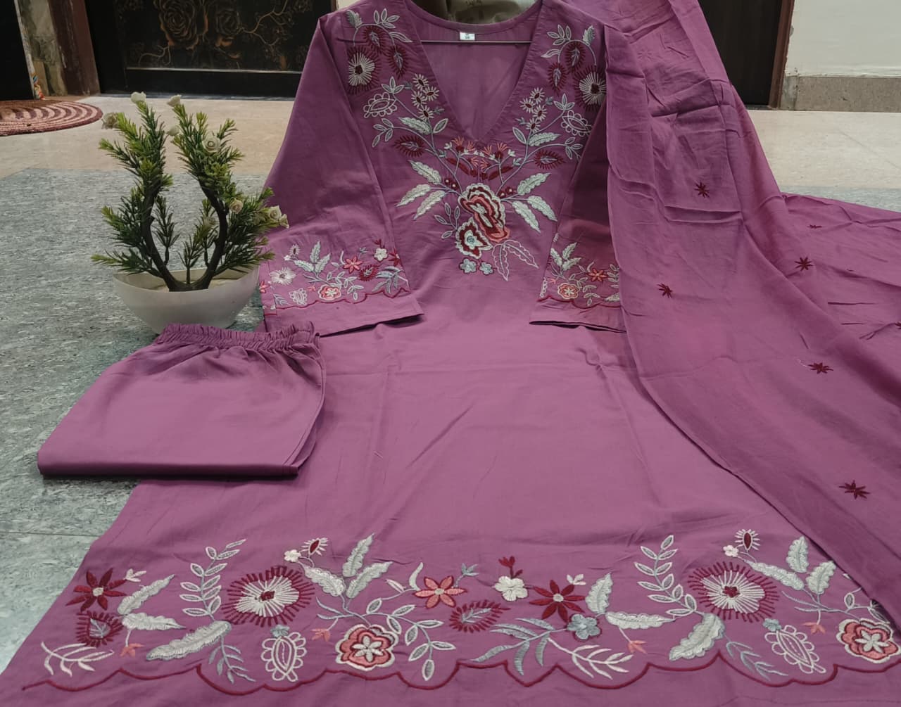 Cotton Thread Embroidered Straight Kurti Pant Set with Malmal Dupatta