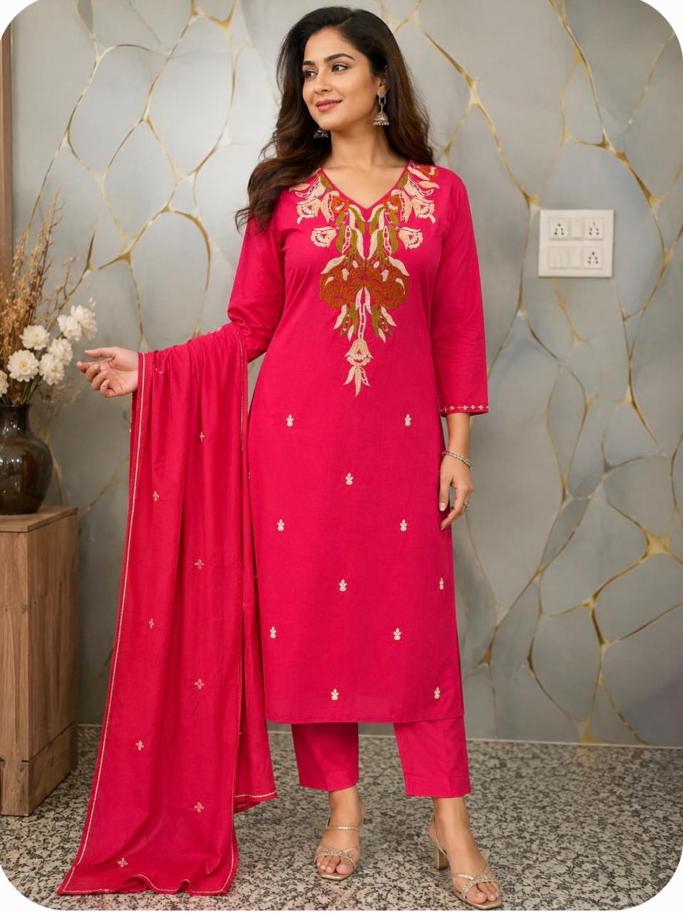 Cotton Thread Embroidery Suit Set with Kurti, Pant & Dupatta