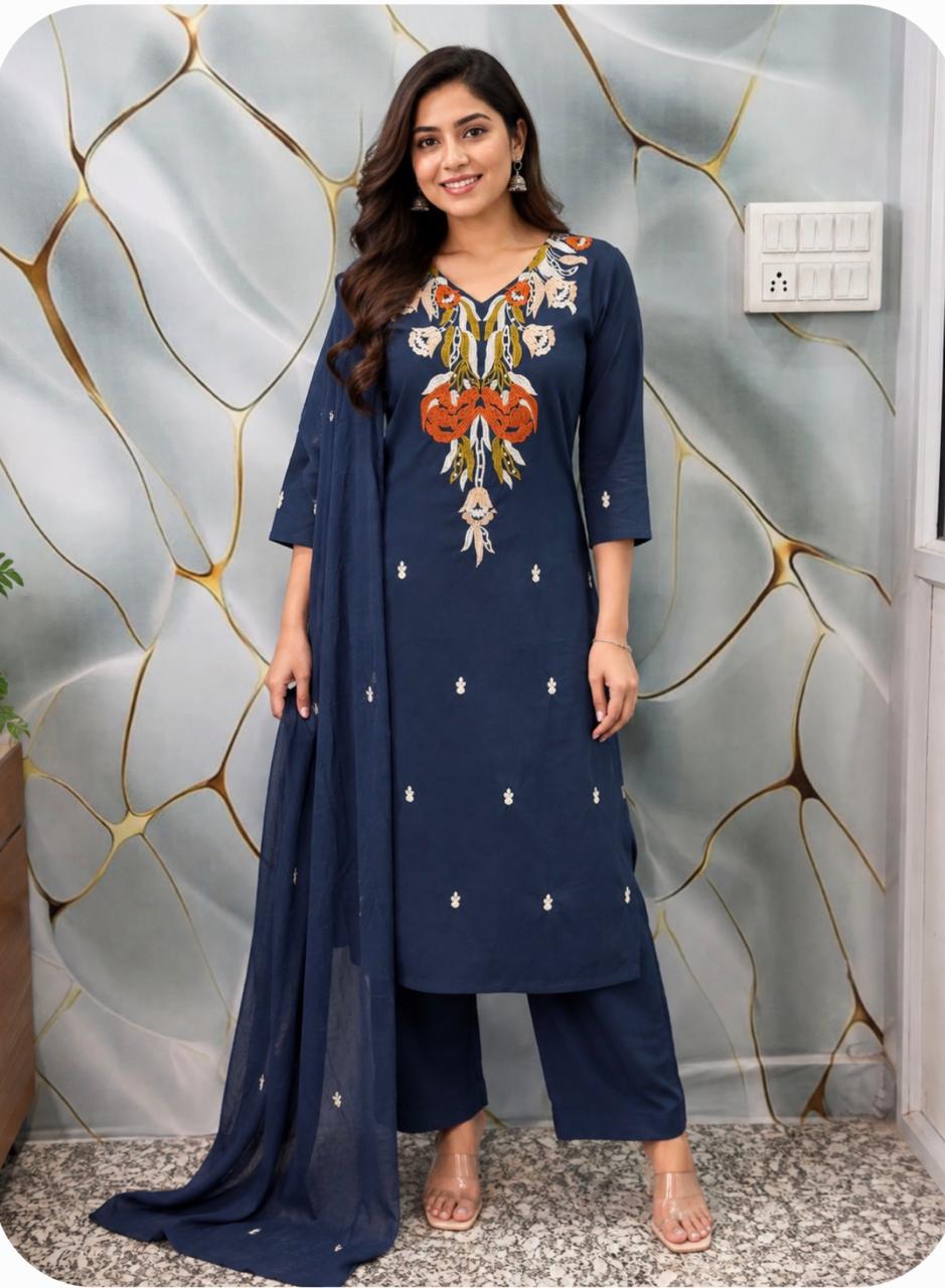 Cotton Thread Embroidery Suit Set with Kurti, Pant & Dupatta