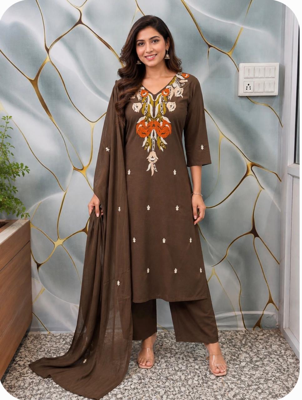 Cotton Thread Embroidery Suit Set with Kurti, Pant & Dupatta
