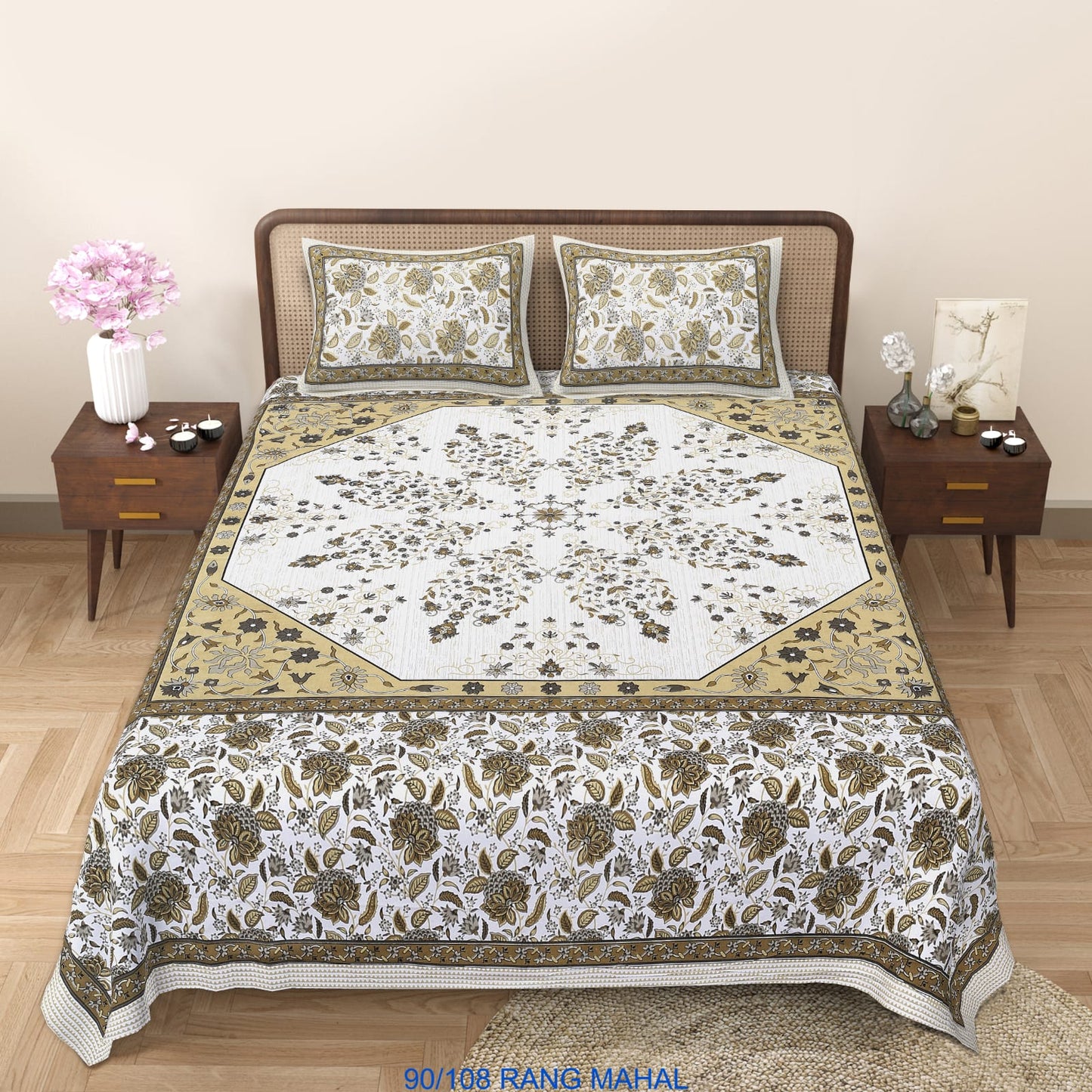 Cotton-Viscose Autoloom Bedsheet (90×106 inch) with 2 Zipper Pillow Covers