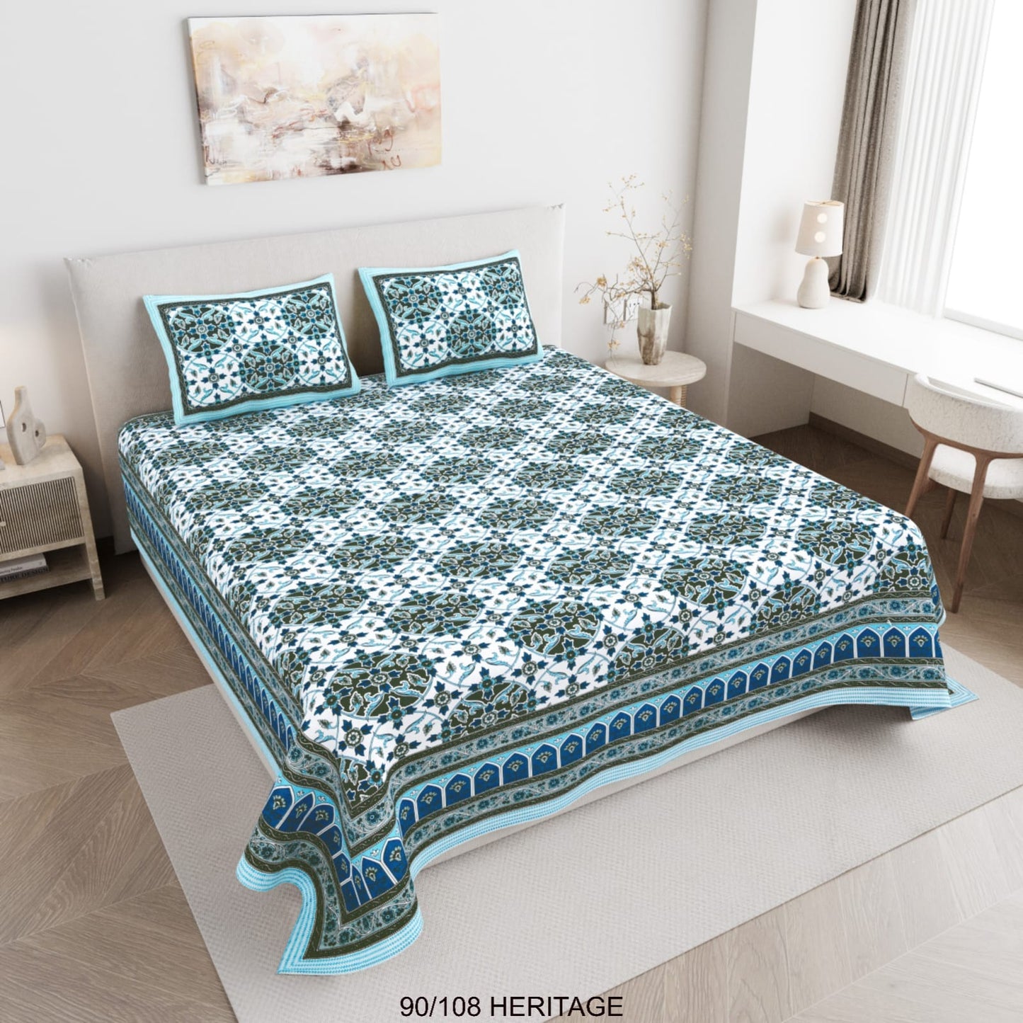 Cotton Viscose Blend Autoloom Bedsheet with 2 Zipper Pillow Covers (90×106 Inches)