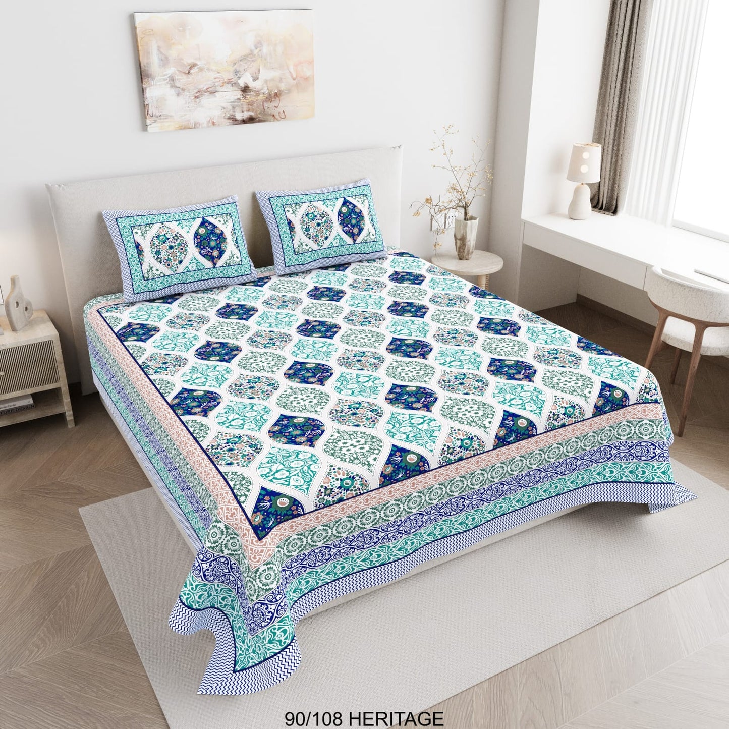 Cotton Viscose Blend Autoloom Bedsheet with 2 Zipper Pillow Covers (90×106 Inches)