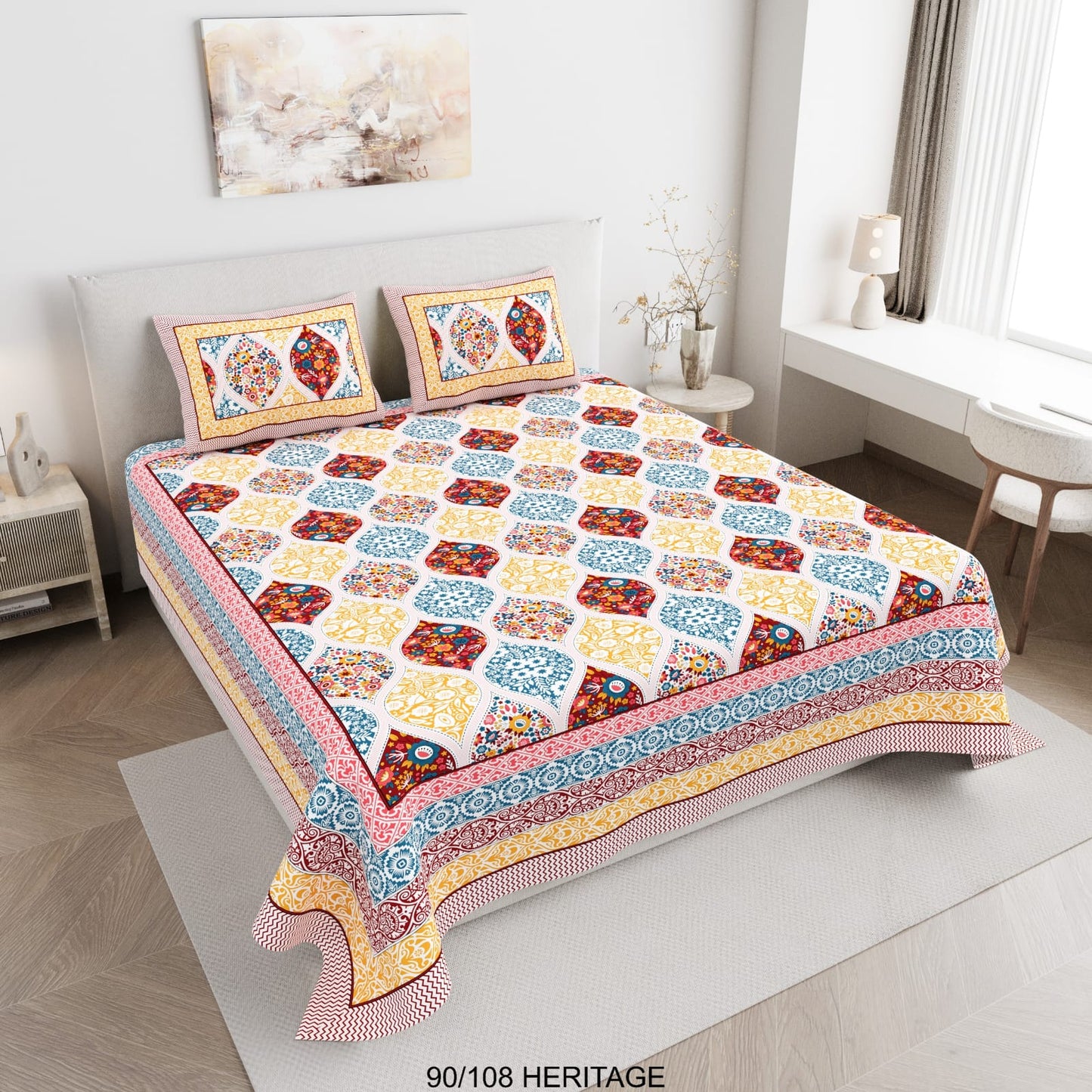 Cotton Viscose Blend Autoloom Bedsheet with 2 Zipper Pillow Covers (90×106 Inches)