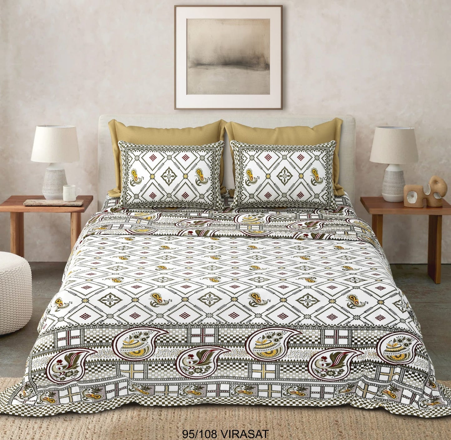 Cotton-Viscose Blend Double Bedsheet with 2 Pillow Covers