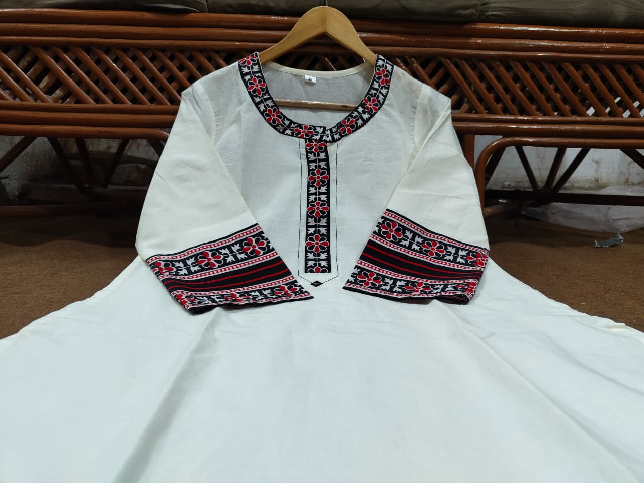 Cream Kurti Pant & Black Embroidered Cotton Jacket | 3-Piece Set