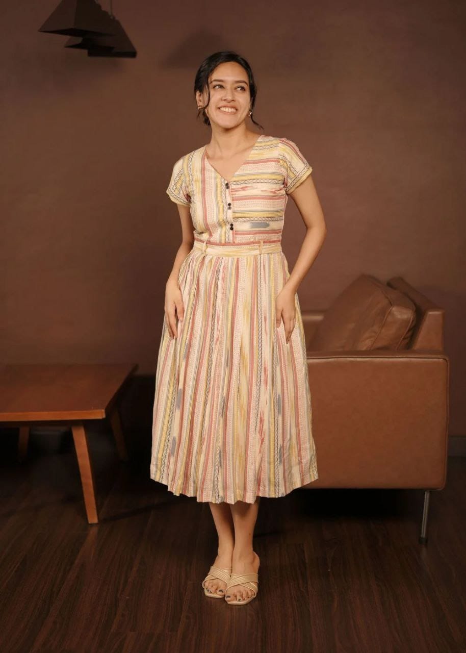 Cream & Multicolour Striped Cotton A-Line Dress with Tie Waist & Pockets