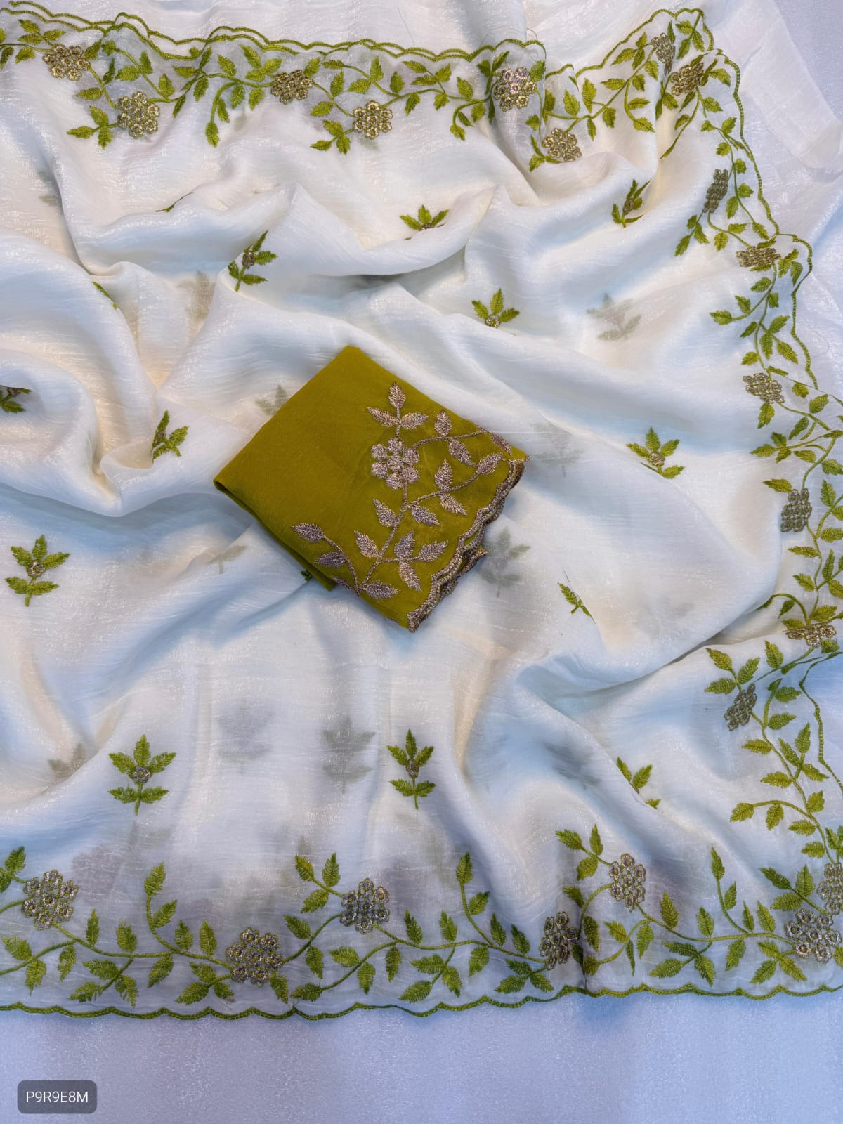 Crunchy Saree with Embroidery Work & Rangoli Blouse